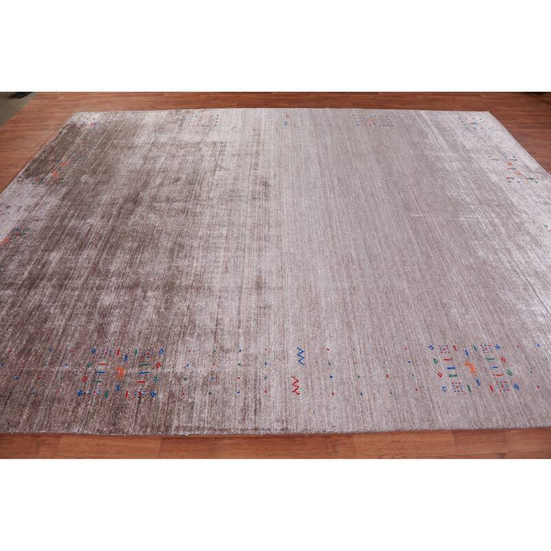 Hand Knotted Oriental Viscose Silk Carpet Tribal Stripe Brown Gabbeh Area Rug - 11' 8'' X 8' 11''