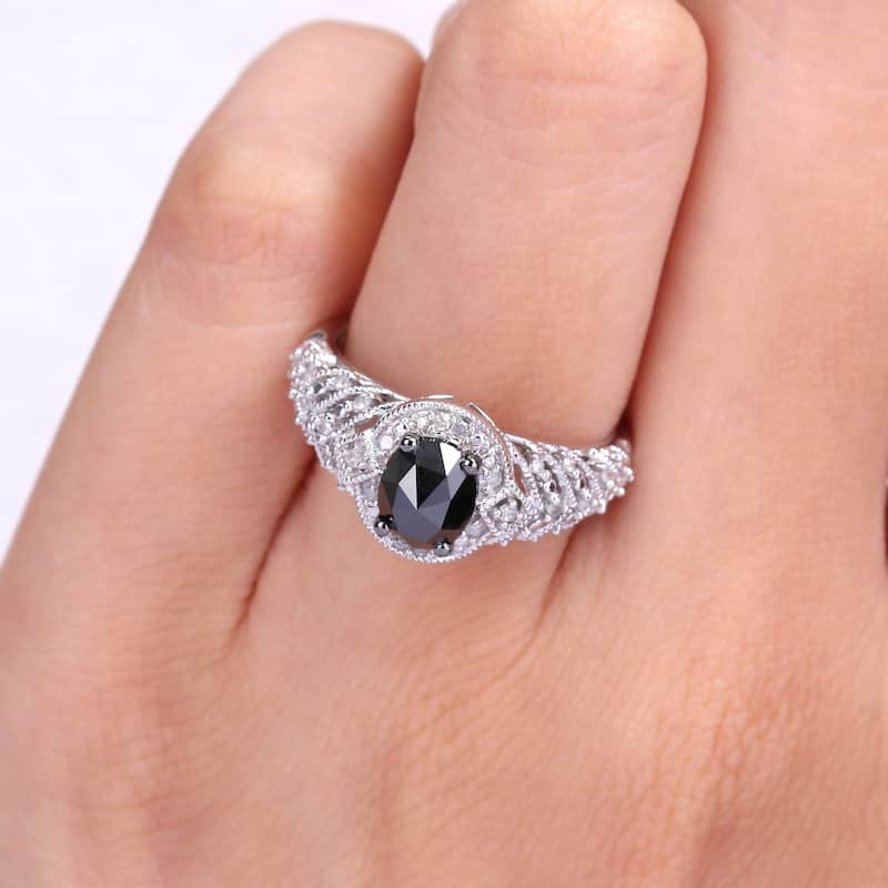 Miadora 10k White Gold 1ct TDW Oval-cut Black and White Diamond Halo Vintage Engagement Ring