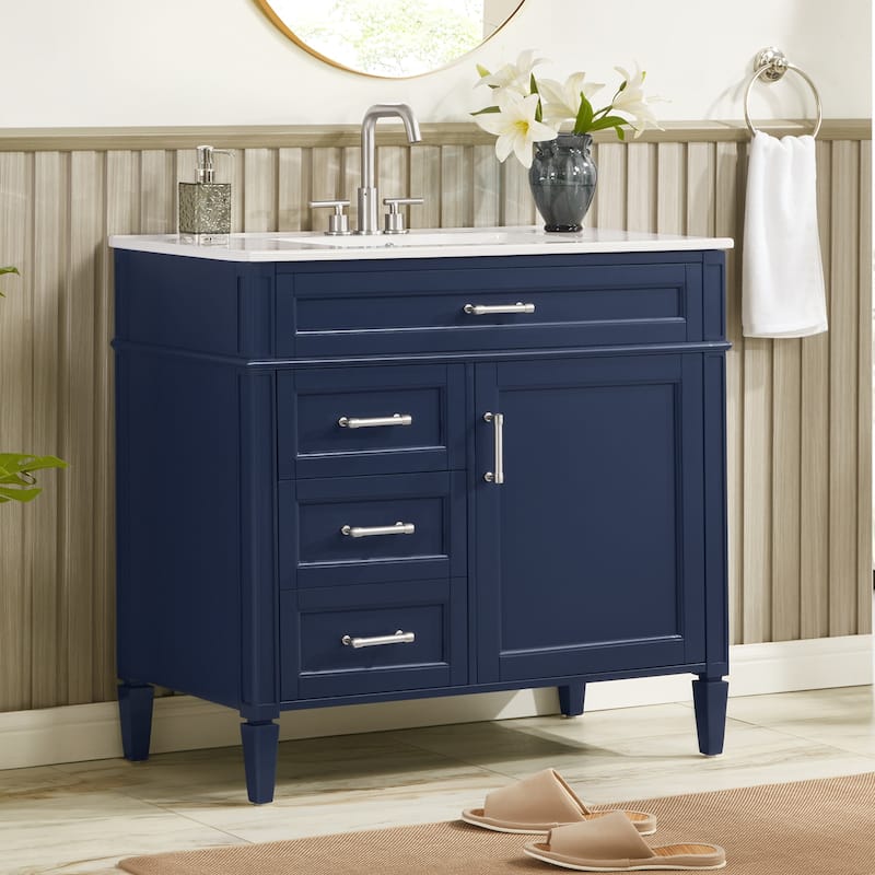 Modern 36" Freestanding Bathroom Vanity Cabinet Wood Frame with Ceramic Sink and Divided Drawers - Dark Blue