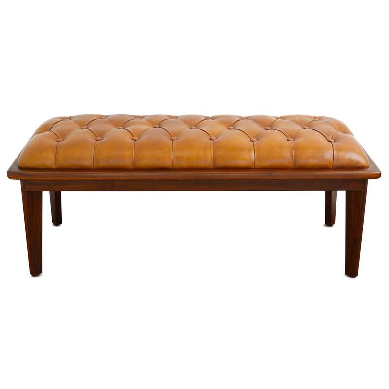 GDFStudio - Arden Modern Genuine Leather Bench with Button Seat & Solid Wood Legs - 49.61"W