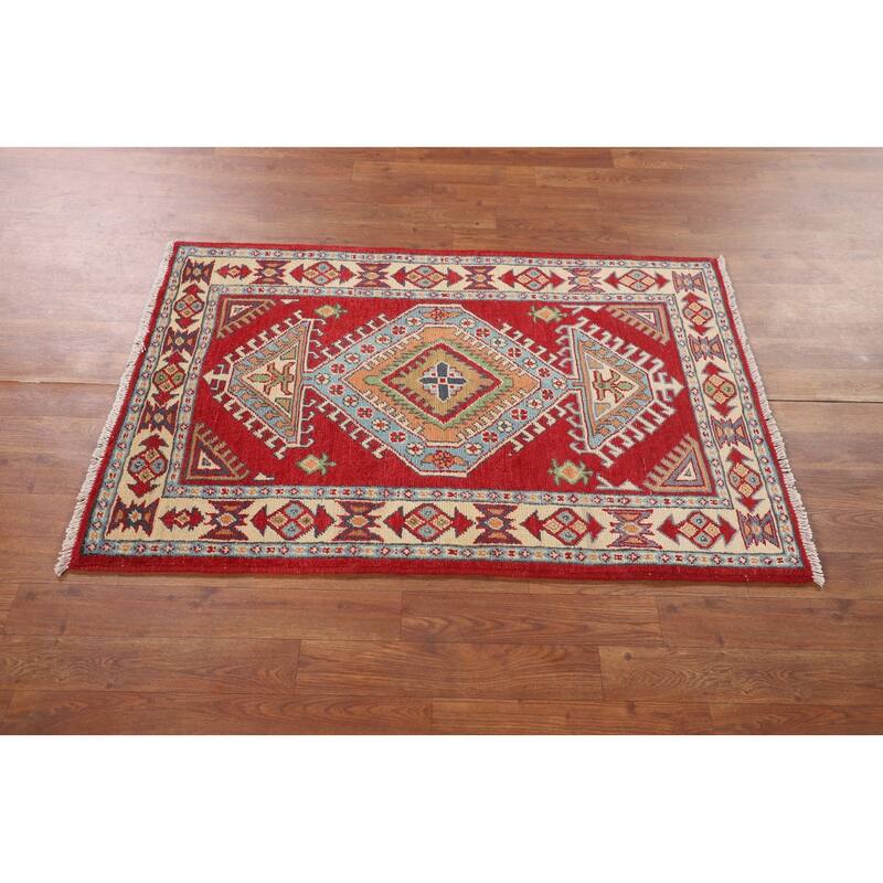 Red Geometric Kazak Oriental Accent Rug Handmade Wool Carpet - 2'8" x 3'11"