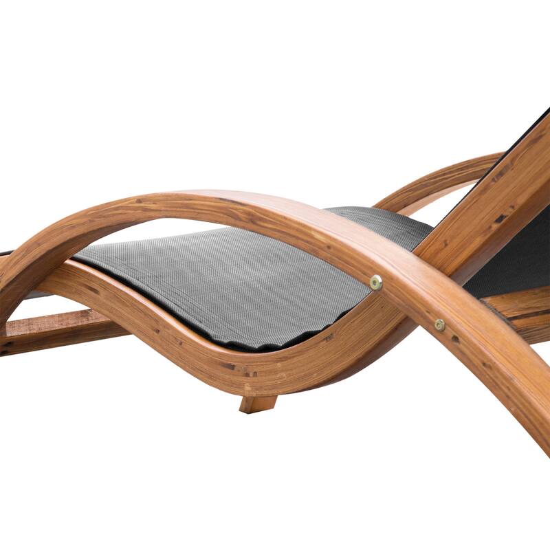 Outdoor Curved Chaise Wood Lounge Chair with Pillow & Armrests, Weather-Resistant Breathable Mesh Reclining Chair