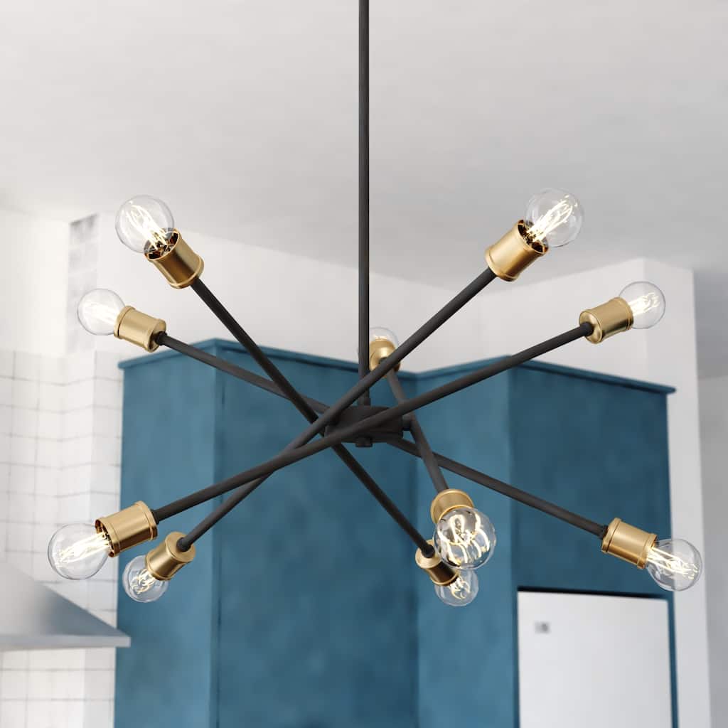 Gresham 10 Light Gold Brass and Black Mid-Century Modern Chandelier Adjustable Arms - 34.25-in W x 14.75-in H x 34.25-in D