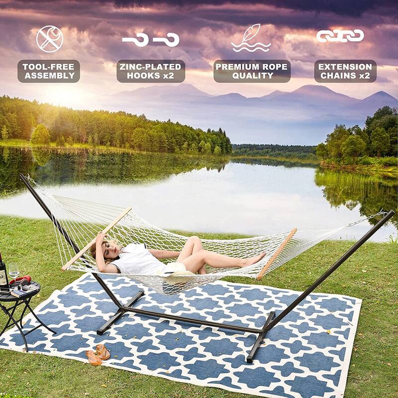 Outdoor Cotton Rope Hammock with 12FT Steel Stand