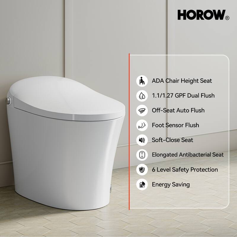 HOROW One Piece Dual Flush Elongated Toilet 1.27 GPF White Seat Included