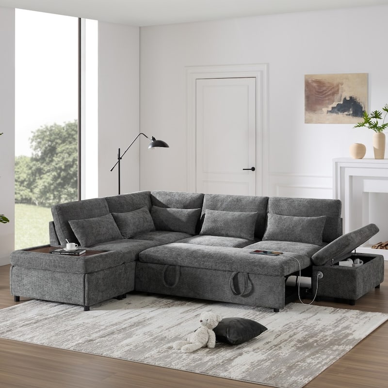 107'' Modular Chenille L-shape Sectional Sofa with Pull-out Sofa and Storage Ottoman - Grey