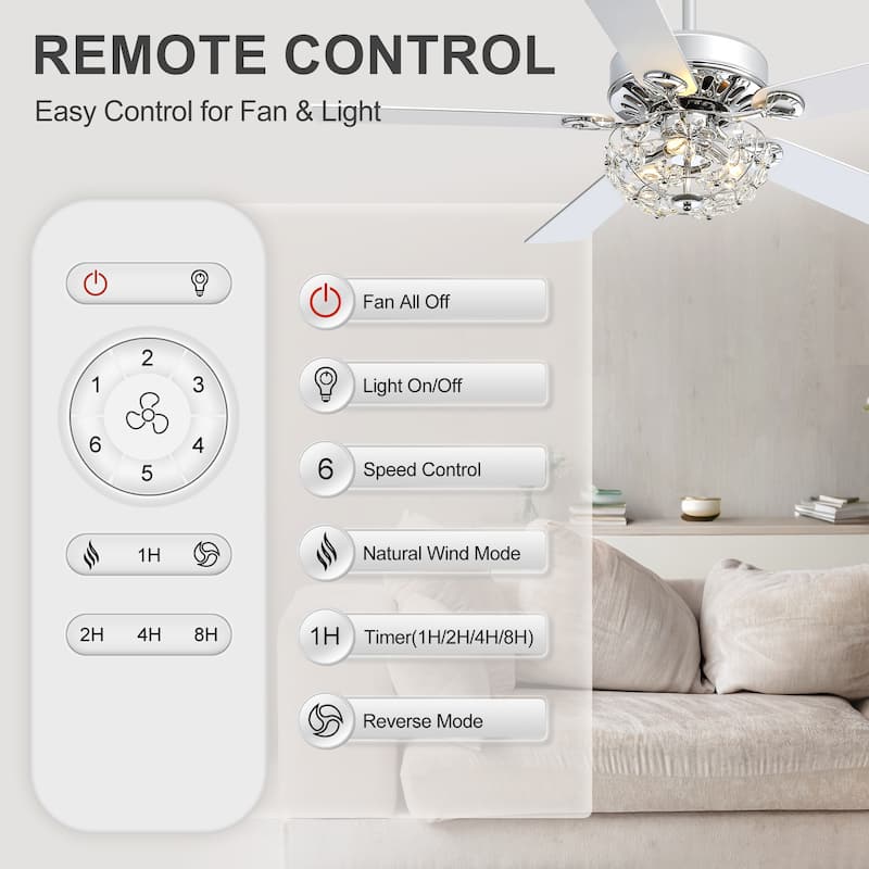 52" Chrome Crystal Ceiling Fan with Lights, Remote Control, Reversible DC Motor, 6-Speed Indoor Ceiling Fan with 5 Silver Blades
