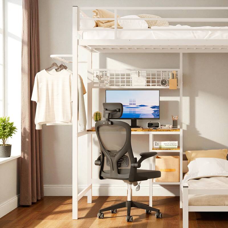 Twin Over Twin Metal Bunk Bed with Desk, L-Shaped Loft Design, Storage Shelves, Drawers, Guardrails and Ladder for Teens