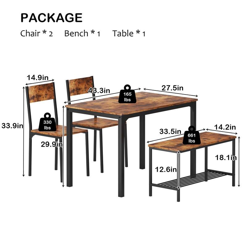 4 Person Dining Table Set, Kitchen Table Set for 4, Dining Room 2 Chairs with Backrest, 2-Person Bench with Storage Rack