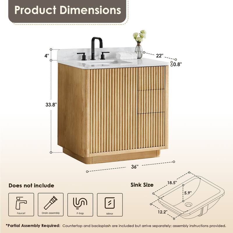 Clayton Bathroom Vanity in Washed Light Brown with Grain White Engineered Stone Countertop without Mirror