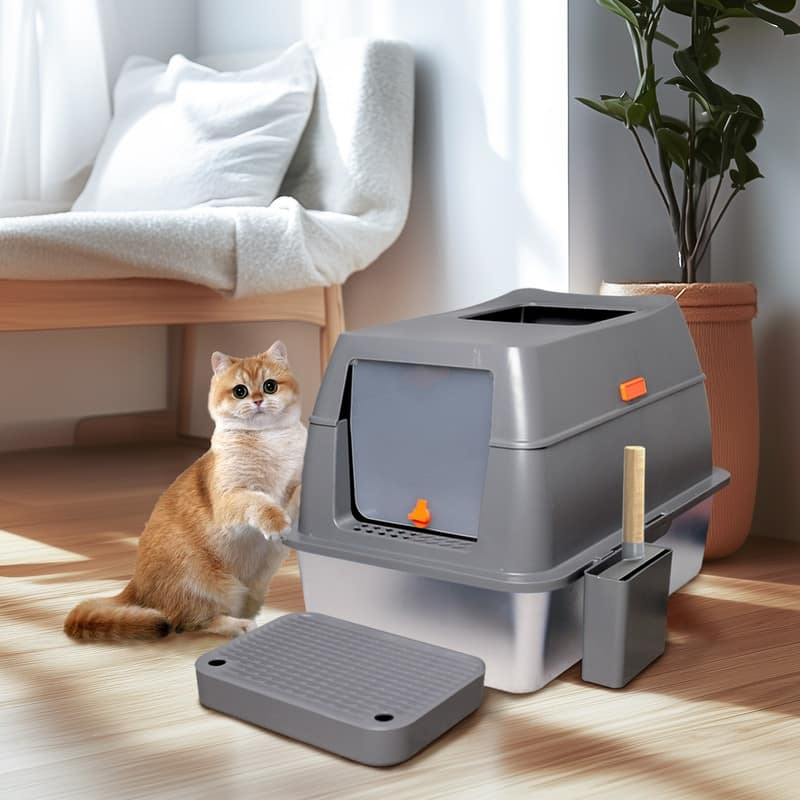 Extra Large Enclosed Stainless Steel Cat Litter Box Metal Litter Tray