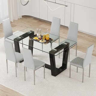 Rectangular Glass 7-Piece Dining Table Set with Tempered Glass Top and ...