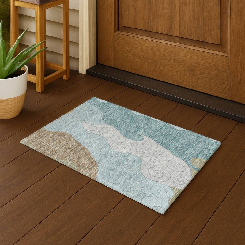 Machine Washable Indoor/ Outdoor Swirly Chantille Rug - Teal - 1'8" x 2'6"