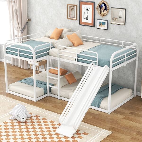 slide 2 of 13, Industrial Modern Style L-Shaped Full and Twin Size Bunk Bed with Built-In Short Ladder and Slide,Sturdy Metal Frame White