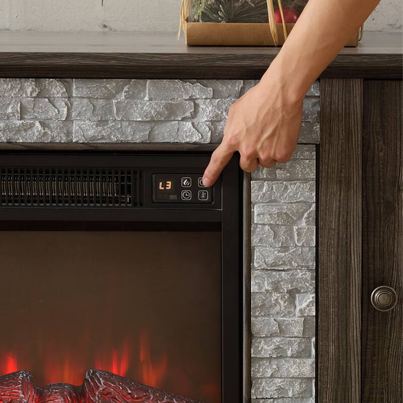 GDFStudio Eulalia Wood 2-Door Storage TV Stand with Faux Stone Mantle