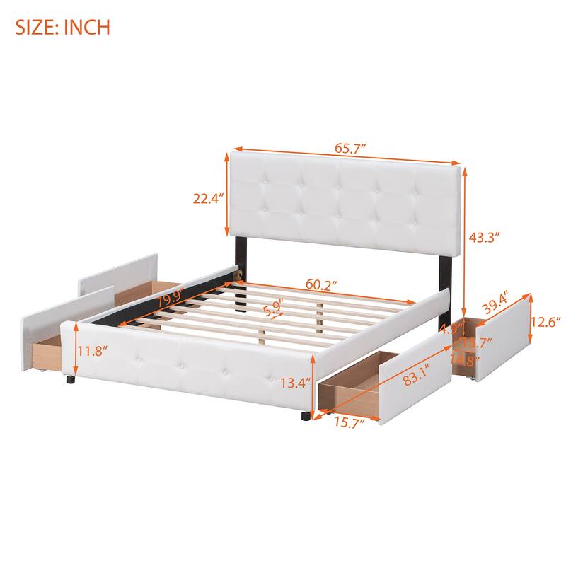 Queen Linen Upholstered Platform Bed with Tufted Headboard & 4 Drawers
