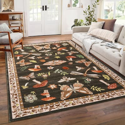 Area Rugs for Living Room Modern Insect Rug Mushroom Pattern Rug Soft Washable Non Slip Low Pile Rug