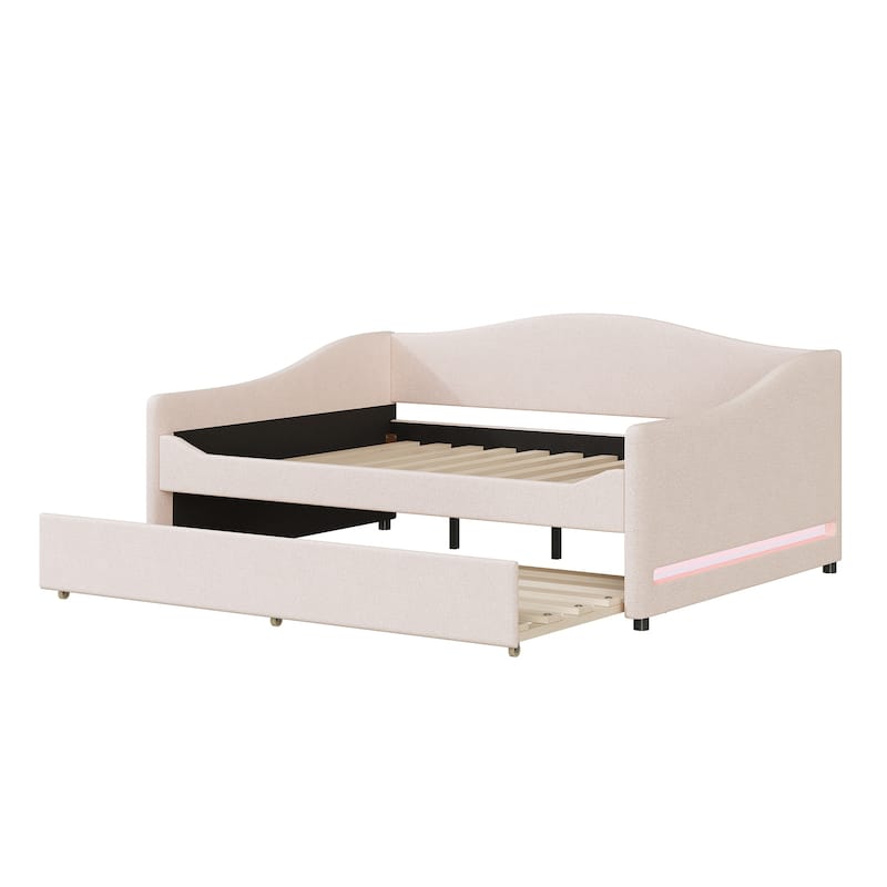 Full Size Upholstered Teddy Fleece Daybed with Trundle and Light Stripes, Beige