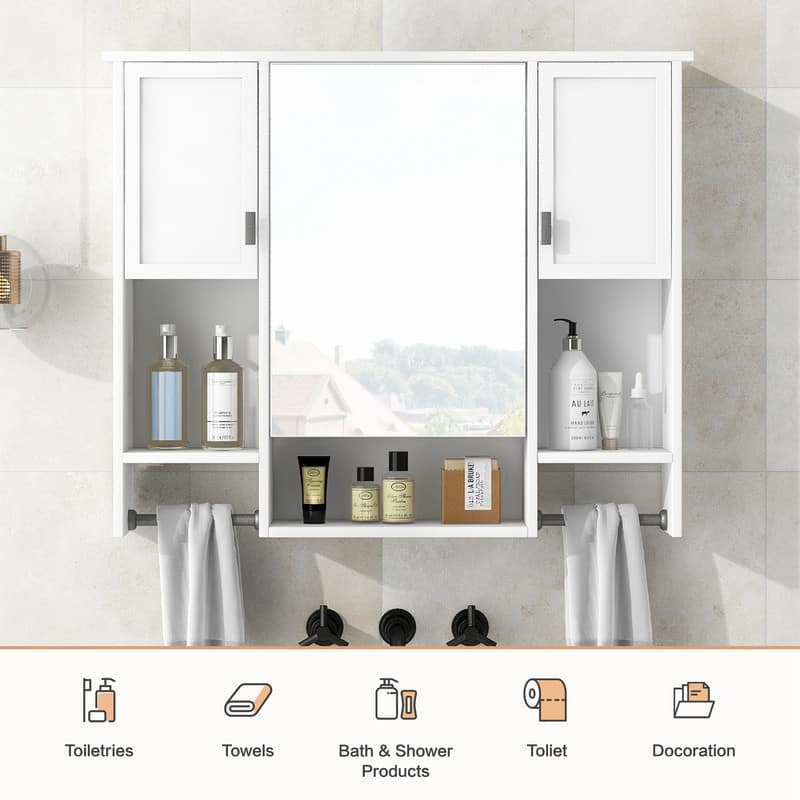 35" x 28" Modern Bathroom Mirror Cabinet with Towel Bar - Wall Mounted Storage & Vanity Mirror