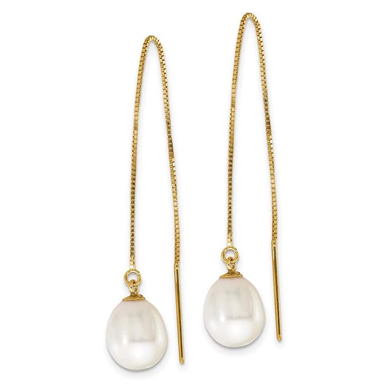 Curata 14k Yellow Gold 7-8mm White Teardrop Freshwater Cultured Pearl Box Chain Threader Earrings (90mm)