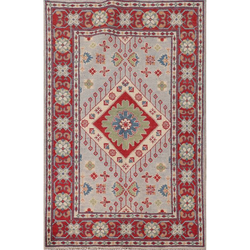 Grey Geometric Kazak Oriental Accent Rug Handmade Wool Carpet - 3'3"x 4'10"