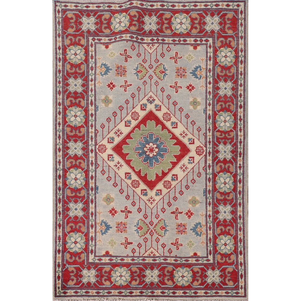 Grey Geometric Kazak Oriental Accent Rug Handmade Wool Carpet - 3'3"x 4'10"