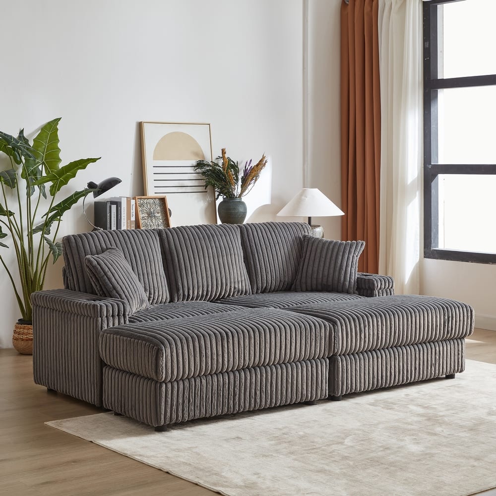Roomfitters 84" Corduroy 3-Seater Sofa, Deep Seat Couch with 2 Ottomans, Storage, Cup Holders, 3 Back and 2 Toss Pillows