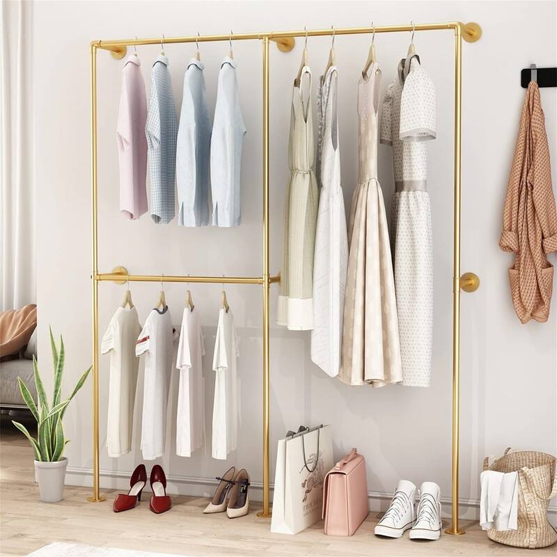 Gold Pipe Clothing Racks with 2 Tier Shelves - Gold-71 - 43.7"D x 3.74"W x 78.7"H