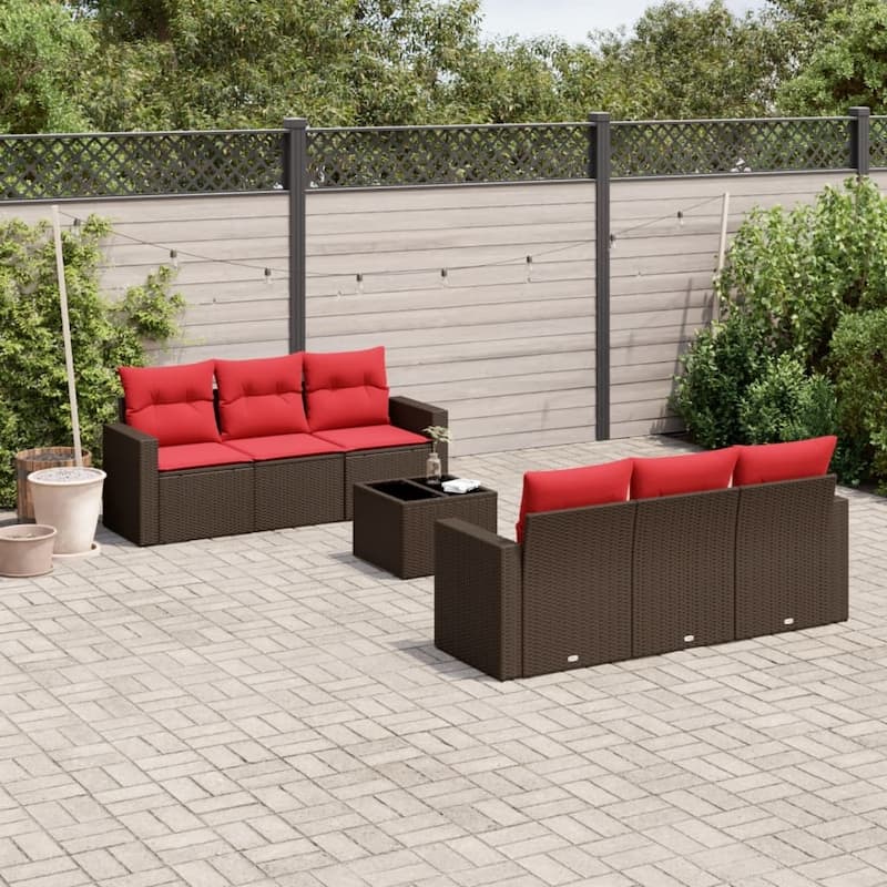 vidaXL Patio Sofa Set with Cushions Outdoor Furniture 7 Piece Poly Rattan - 25.8" x 24.4" x 27.2" - Brown and red