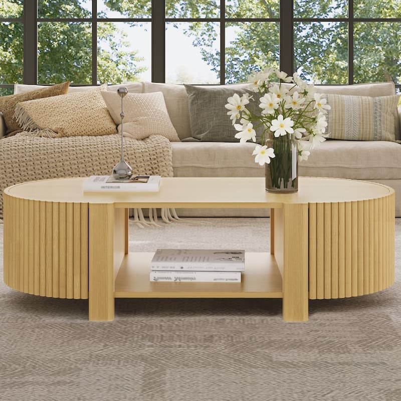 Oval Fluted Coffee Table with Storage for Living Room - Natural