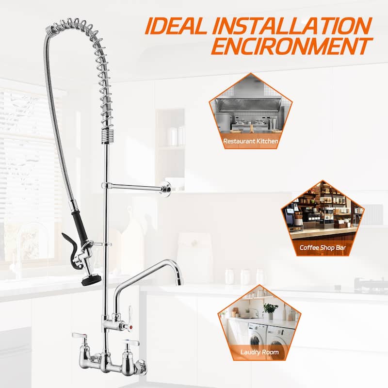 PROOX Wall Mount 25" Commercial Kitchen Faucet with Pre-Rinse Sprayer - 25