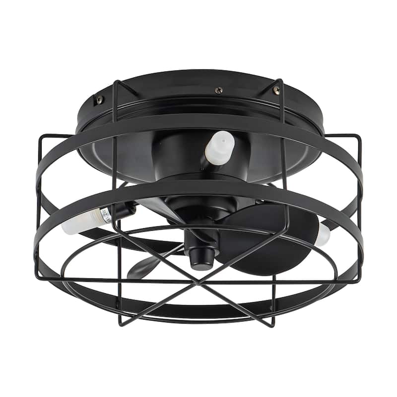 13-inch Matte Black Industrial Flush Mount Small Caged Fandelier Ceiling Fan with Remote and LED Light