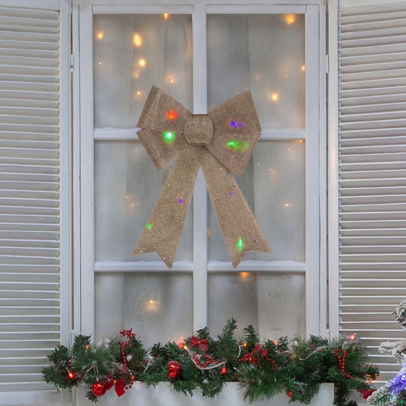 16" LED Lighted Glitter Burlap Bow Christmas Decoration with Color Changing Lights