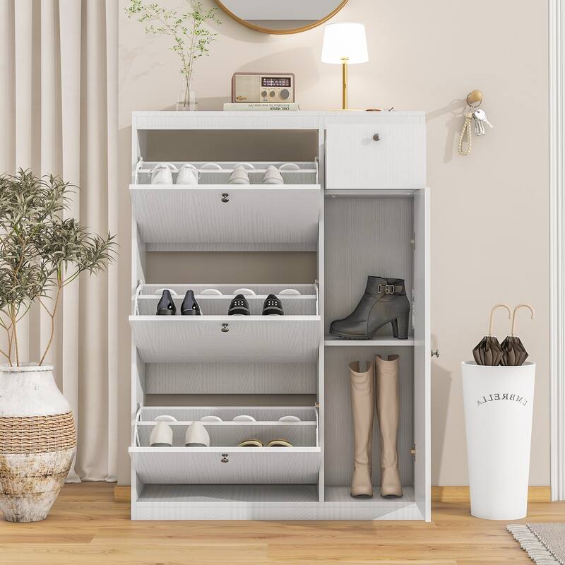 Narrow Shoe Rack Cabinet Organizer with 3 Flip Drawers, Adjustable Compartments and Spacious Top for Entryway or Hallway