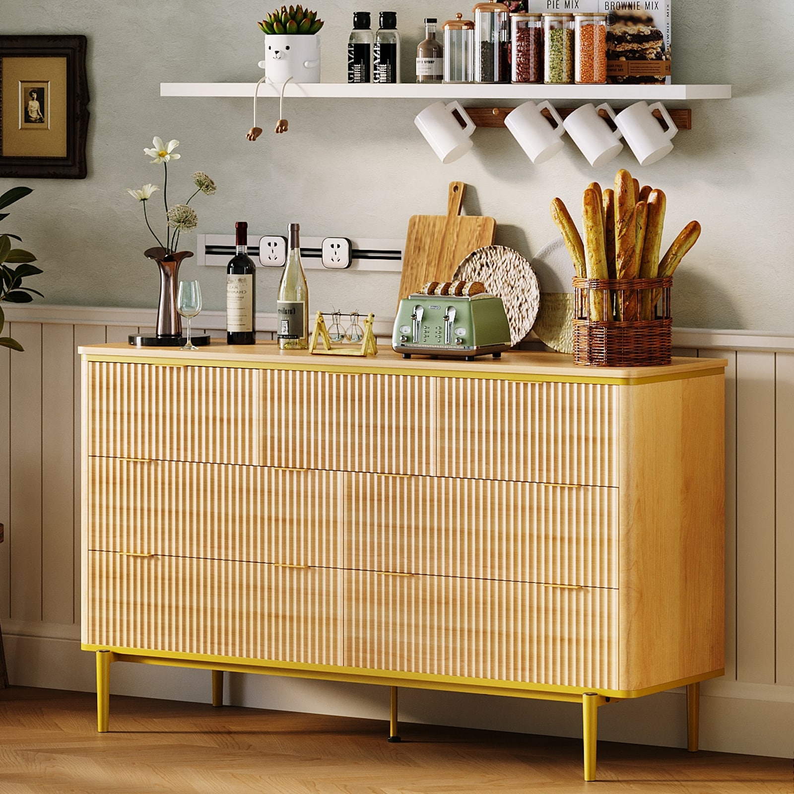 7 Drawers Dresser for Bedroom, 54'' Wide Fluted Chest of Drawers, Curved Design TV Stand with Gold Metal