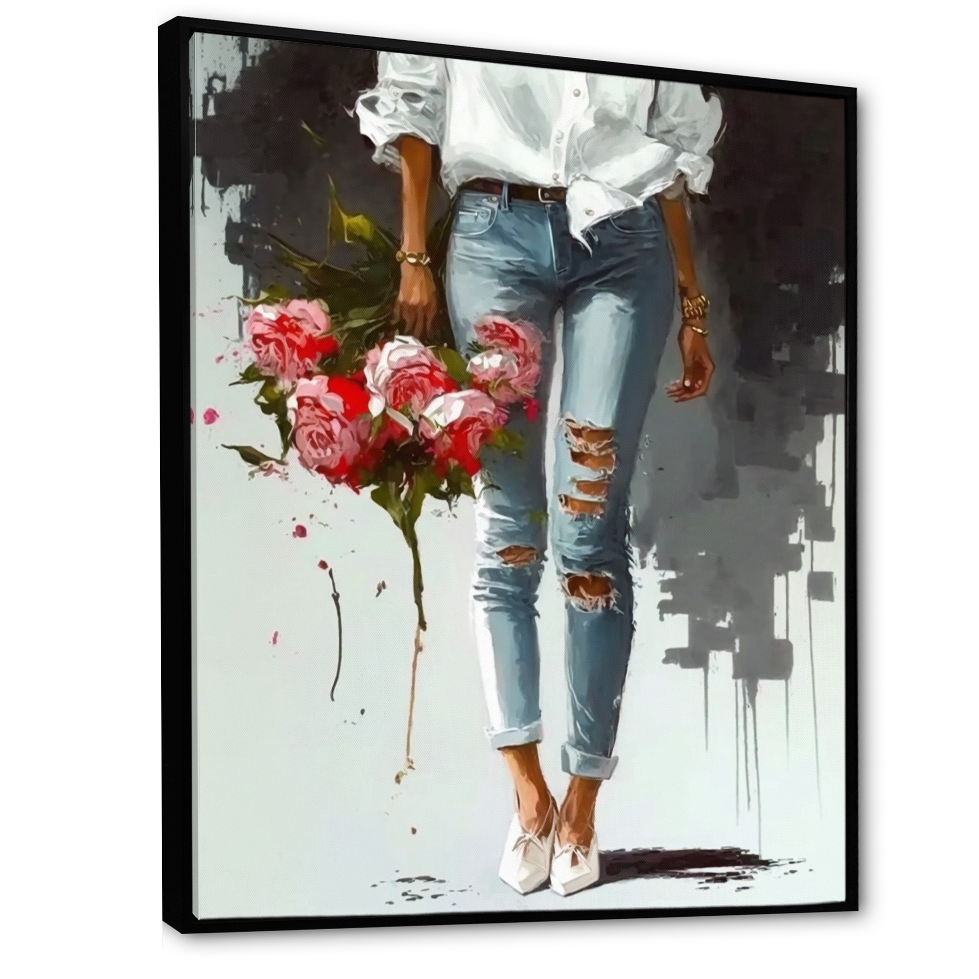 Jeans with cheap red flowers