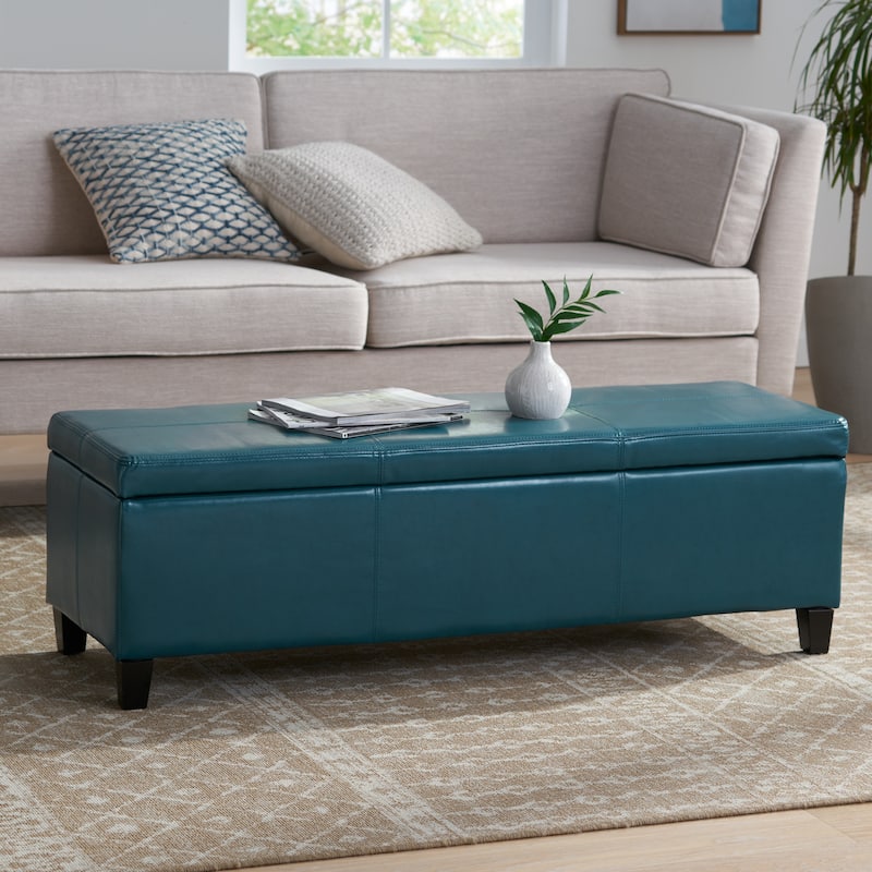 Leather Upholstered Storage Bench Indoor Bench, Ottoman Bench Makeup Bench with Safety Hinges for Mudroom Bedroom - Teal