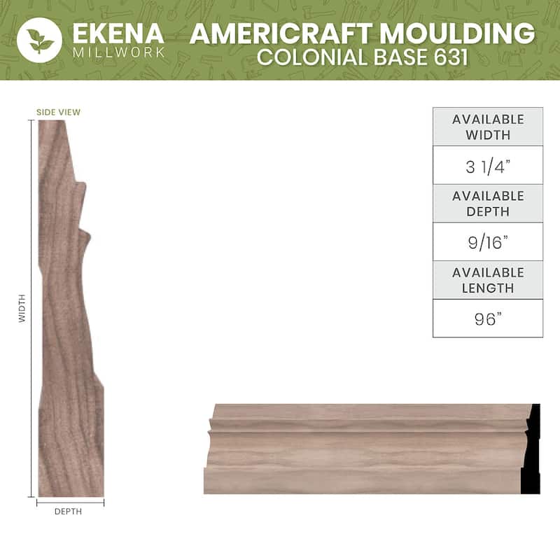 WM631 9/16-in D x 3-1/4-in W x 96-in L Americraft Solid Hardwood Stain Grade Colonial Base Moulding