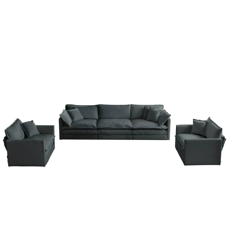 5-Seat Chenille Living Room Sofa Set (3-Seater + 2 Accent Chairs) with Round Arms & Solid Wood Frame