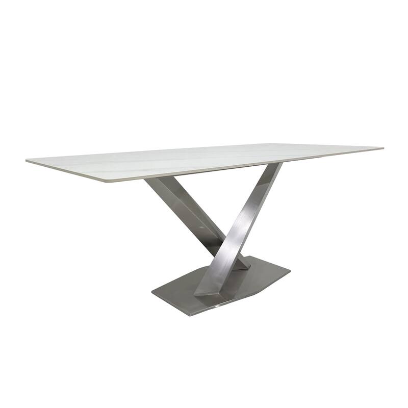 Dining Table with White Slate Marble Top and Matte Silver Base
