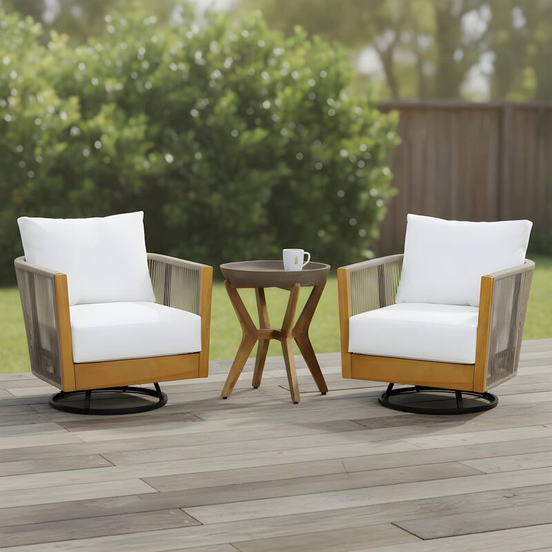 Outdoor Acacia Wood Rope Swivel Lounge Chair with Cushion and Concrete-Acacia Side Table