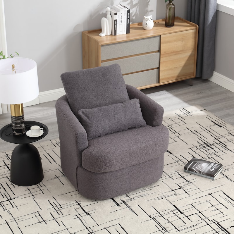 Swivel Barrel Chair with 2 Pillows, Teddy Fabric Upholstered Club Chair, Lounge Sofa Chair with Round Armrests & Backrest