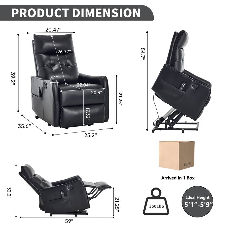 PU Leather Power Lift Recliner Chair with Massage & Heat, Single Motor Heavy Duty Electric Recliner, Sofa Chair with USB Port - Black