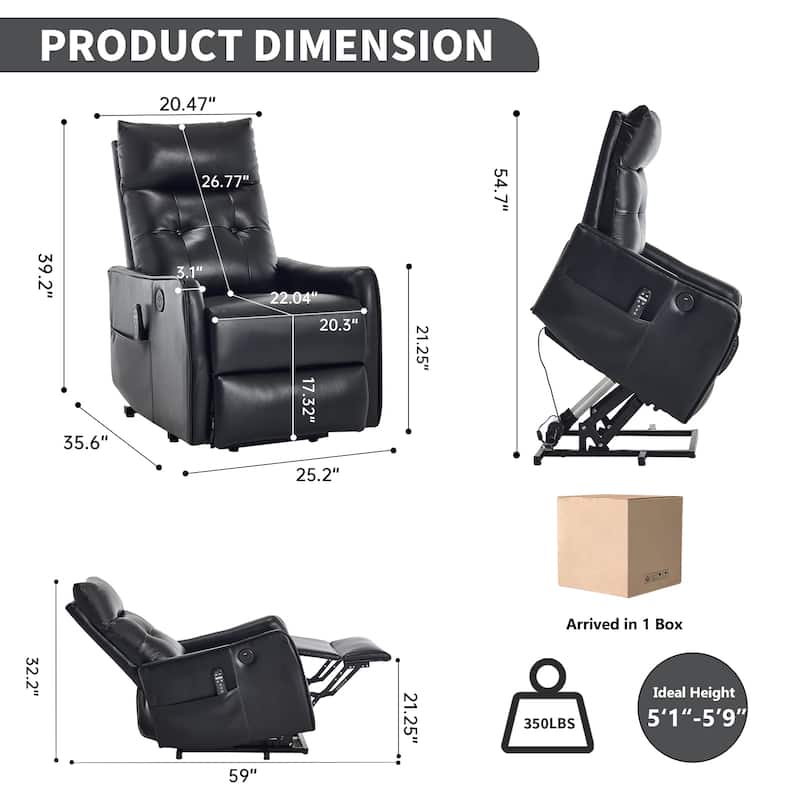 PU Leather Recliner with Single Motor Lift Massage Heat and 155 Degree Recline