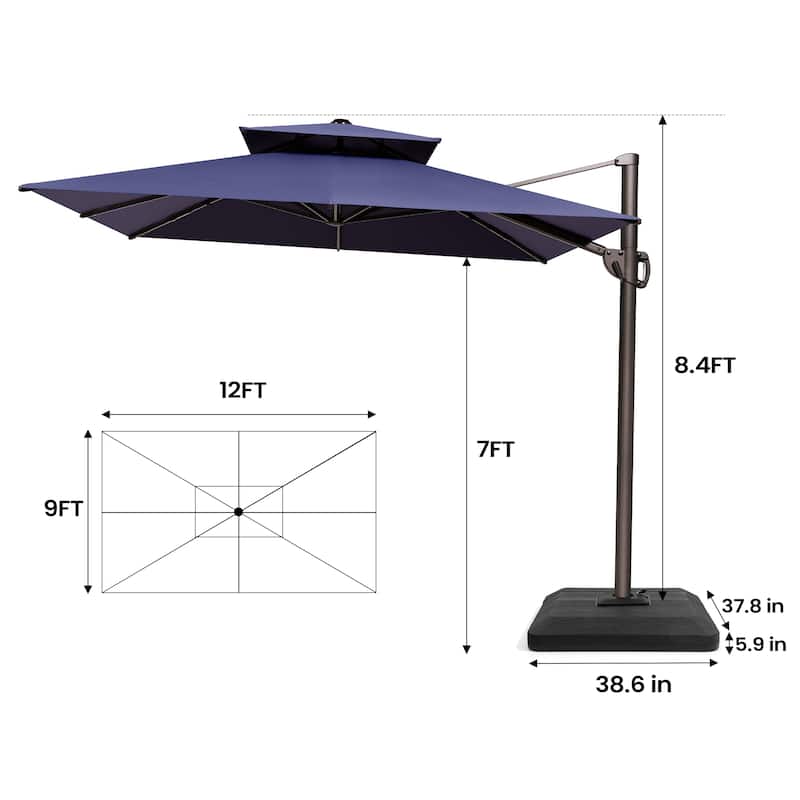 9 FT x 12 FT Outdoor Patio Dual Top Umbrella Cantilever Offset with Premium Base