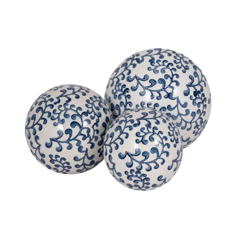Sagebrook Home Blue and White Traditional Ceramic Decorative Orbs Set of 3 - 6" x 6" x 6"