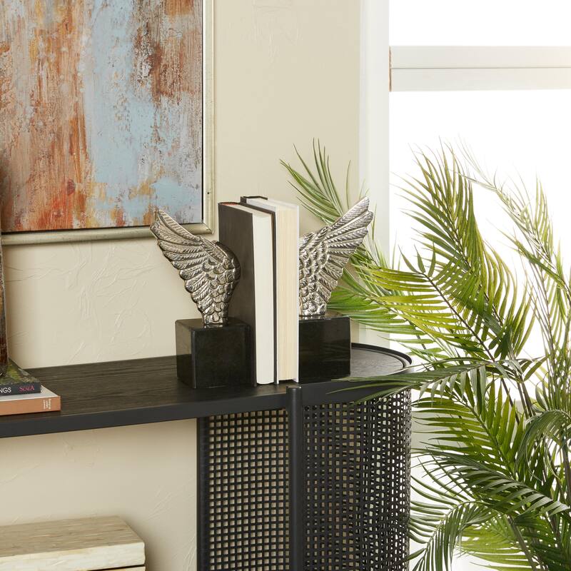 Aluminum Metal Bird Wings Decorative Bookends with Marble Base - Set of 2 Gold or Silver - Roche River Decor