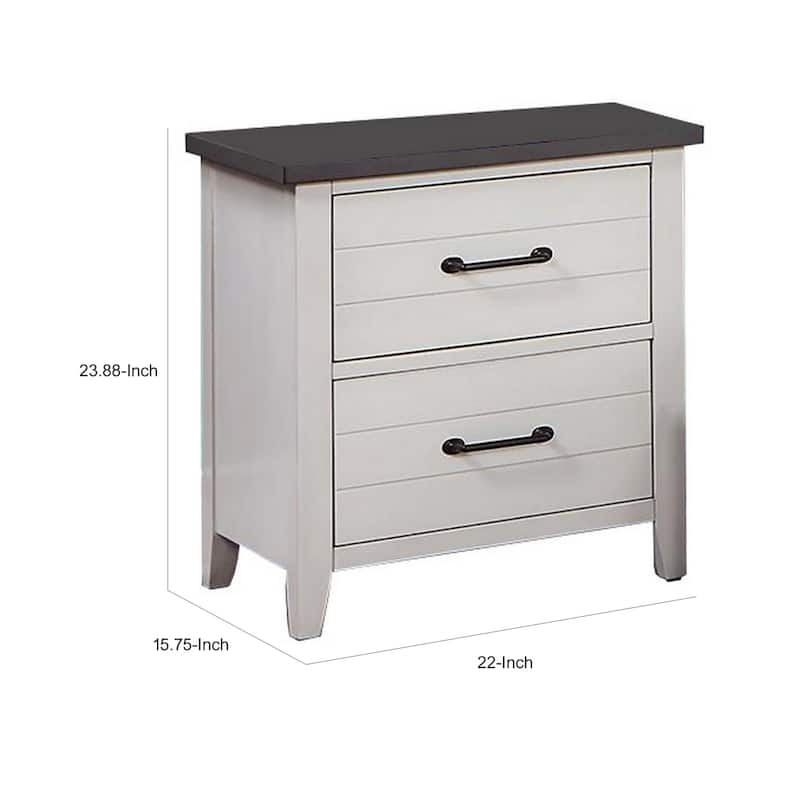 Akira 24 Inch Nightstand, 2 Drawers, White Solid Wood Frame and Gray Top