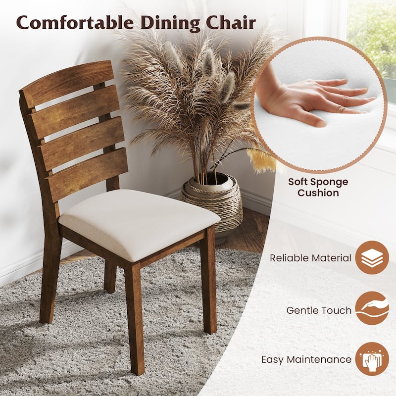 Natural and Beige Rubber Wood Dining Chair Set of 2 with Slatted Backrest and Sponge Cushion - 22.5” x 17.5” x 35.5”