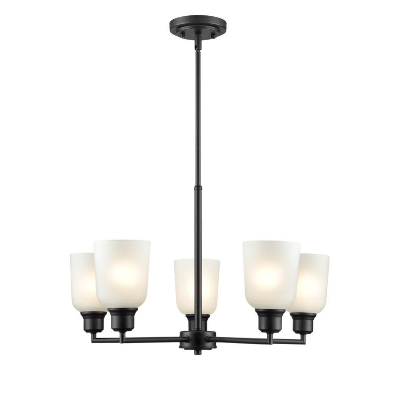 Millennium Lighting Amberle in Brushed Nickel or Matte Black 5 Light Chandelier with Frosted White Shades